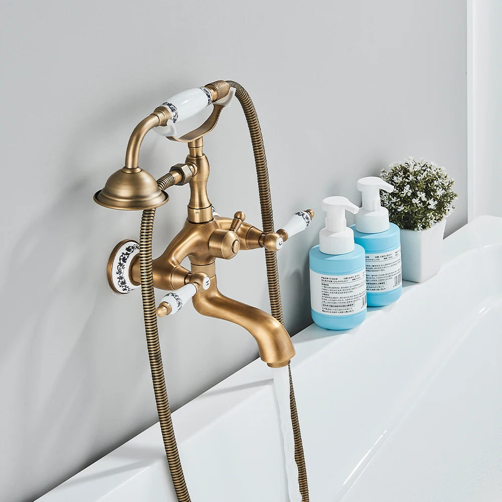 Telephone Style Antique Brass Waterfall Bathtub Faucet Bathroom Brass Bath Faucets Waterfall Rotatb Spout Hot&Cold Mixer Tap