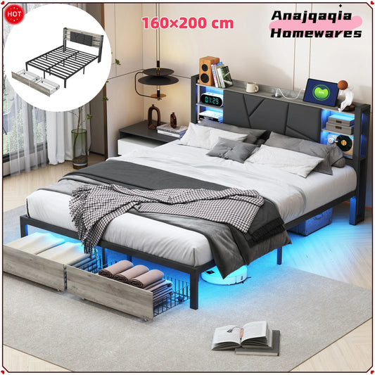 Anajqaqia 140×200cm Upholstered Double Bed, with LED Lighting and 2 Drawers, with Integrated Bedside Table and Socket, PU, Black