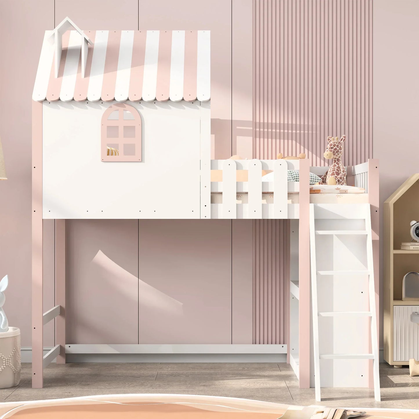 Lazyspace Loft Bed for Children, Children's Bed Frame with with Window and Railing, Wood Bunk Bed Frame with Storage Shelf