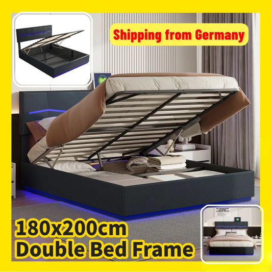 Comanlai 180x200cm Upholstered Bed,Double Bed with LED Lights,Hydraulic Storage Bed with Slatted Frame,PU Leather