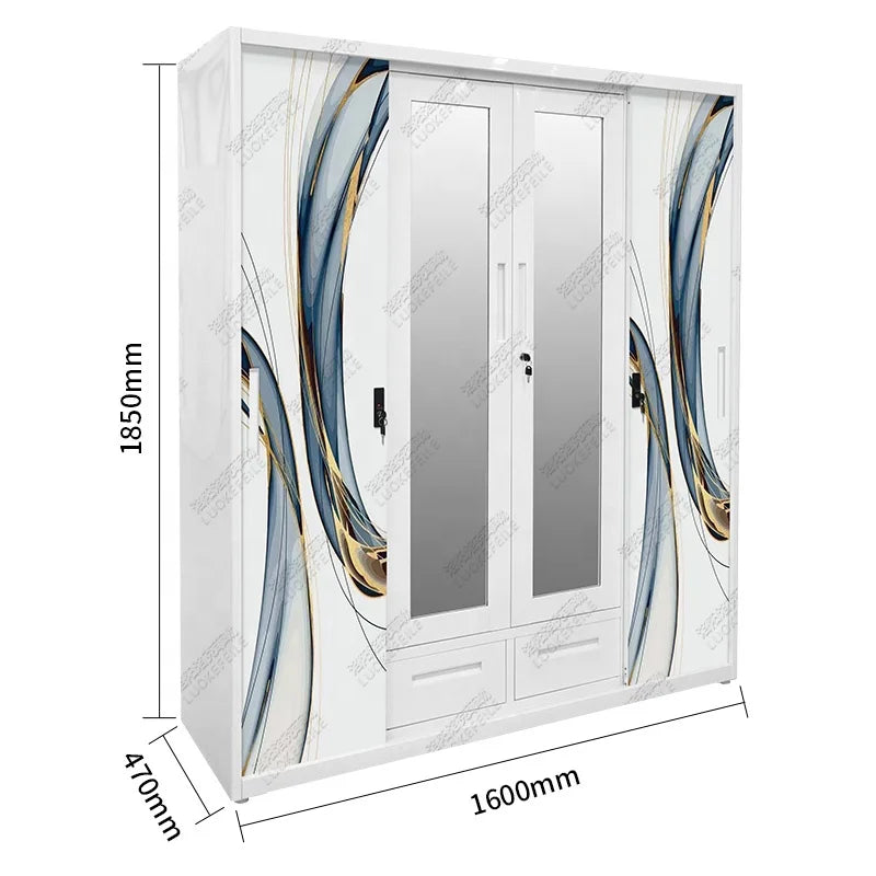 Bedroom Furniture Custom Printed Iron Drawer Mirror Cabinet Sliding 4 Door Metal Steel Wardrobe
