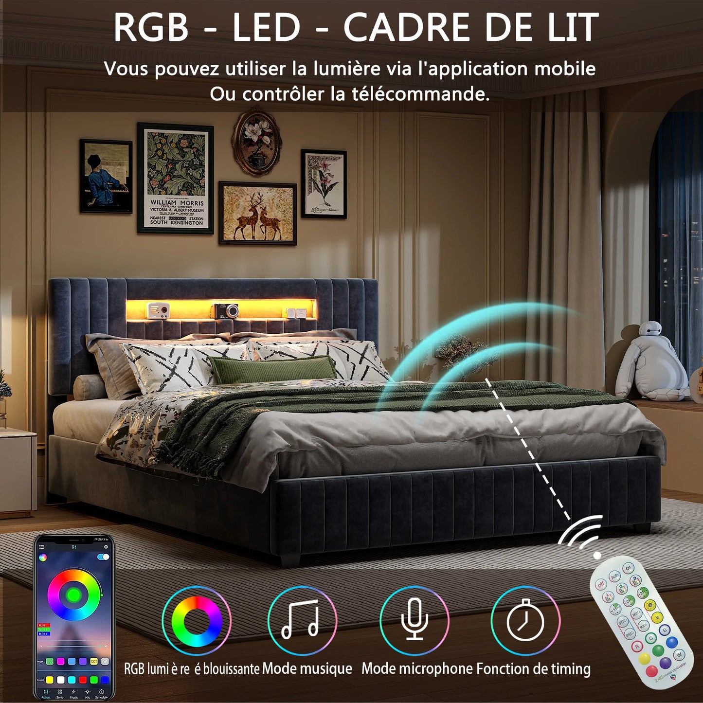 Creahappy Soft-Pad Bed, Double Bed Frame 160x200 cm, Storage Bed Frame with Hydraulic Storage Function and LED Lights