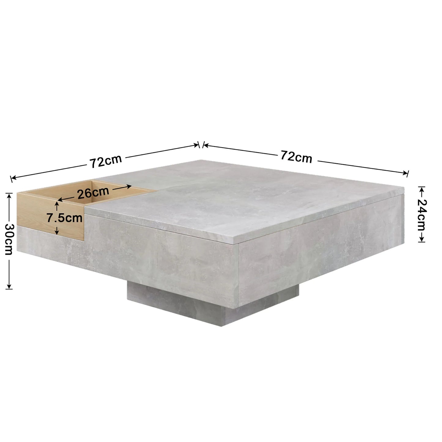 Concrete Gray Coffee Table, Wooden Tea Table for Living Room, Side Table with Removable Storage Tray, 72*72*30 cm