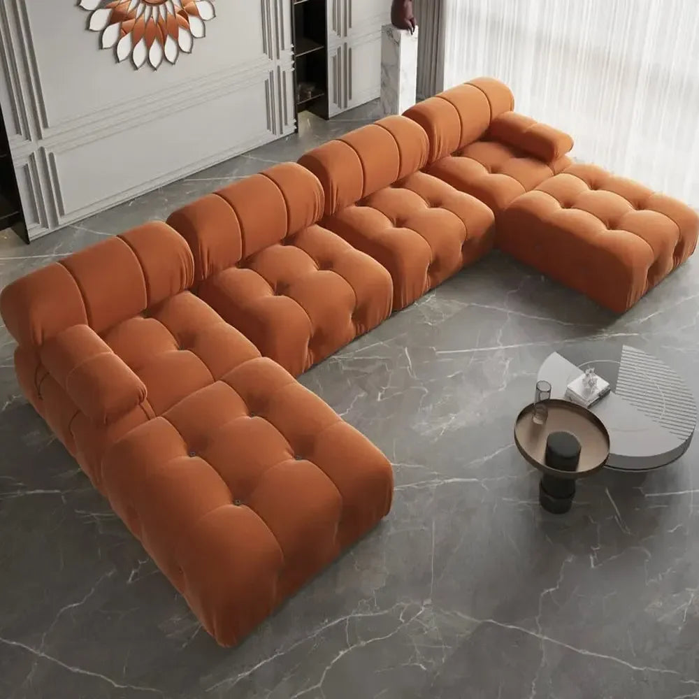 Modern Leisure Style Upholstered Tufted Orange Velvet Fabric Living Room Sofa Set Furniture
