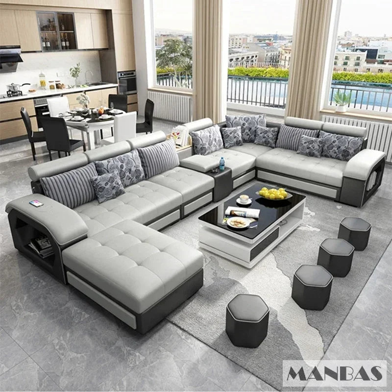 Sofa Set Furniture Living Room Sofa Set with USB and Stools / Big U Shape Cloth Couch Sofas for Home Furniture