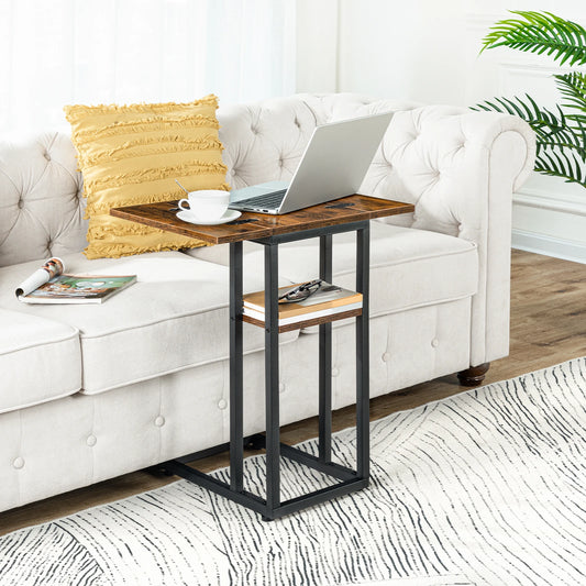 HOOBRO C-Form Side Table Folding Sofa Table Coffee Table Snack Table with Storage Shelf Slim Bedside Table For Livingroom Bedrom