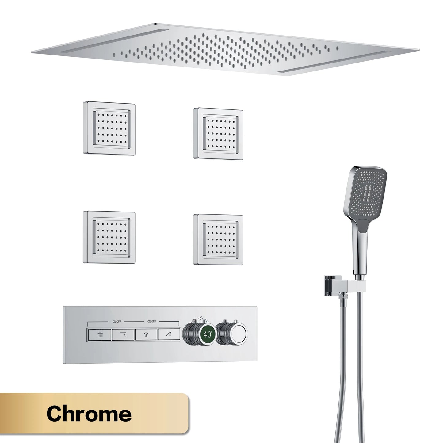 Luxury Gun Grey Brass Thermostatic Shower System Ceiling-Embedded Rainfall&Waterfall Outlet with LED Display Bathroom Mixer Tap