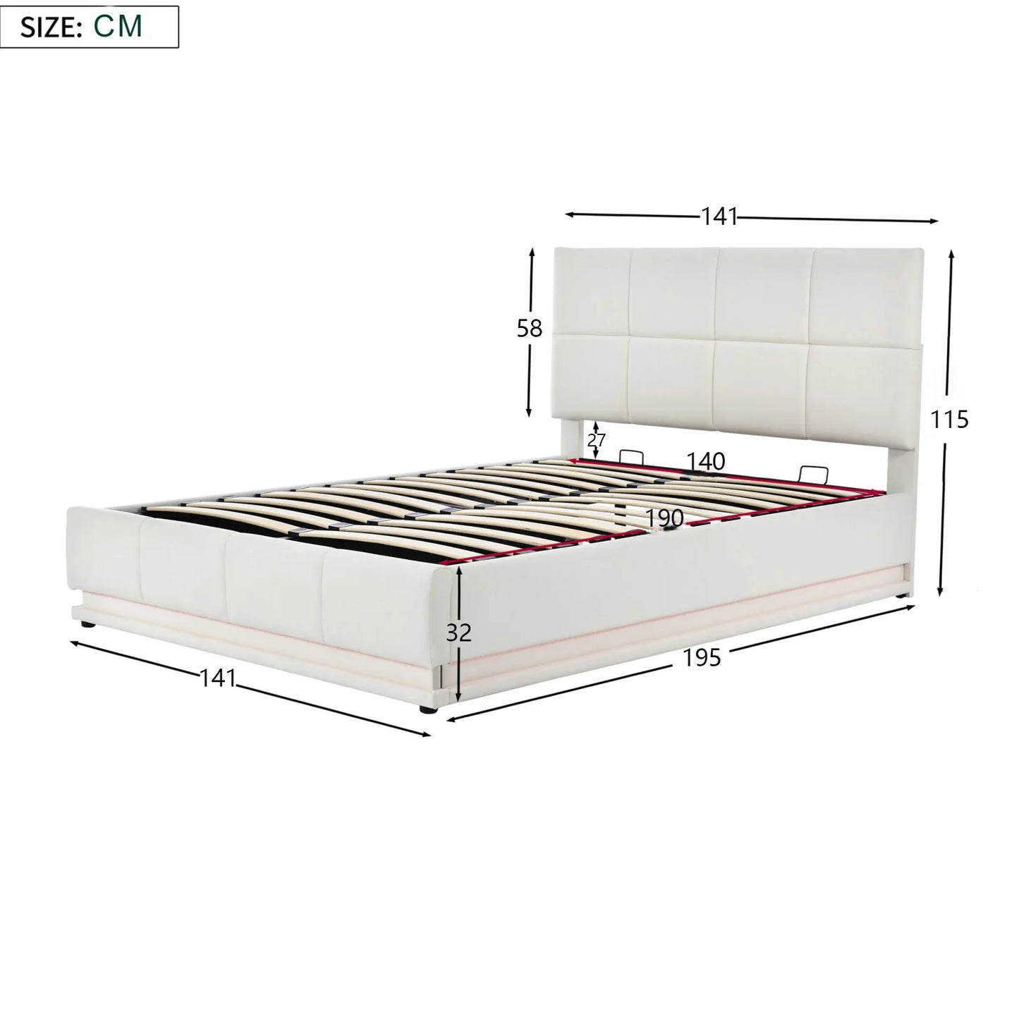 Anajqaqia 140×190 cm Upholstered Bed, Hydraulic double bed with LED lights and slatted frame, with Backrest headboard, PU, White