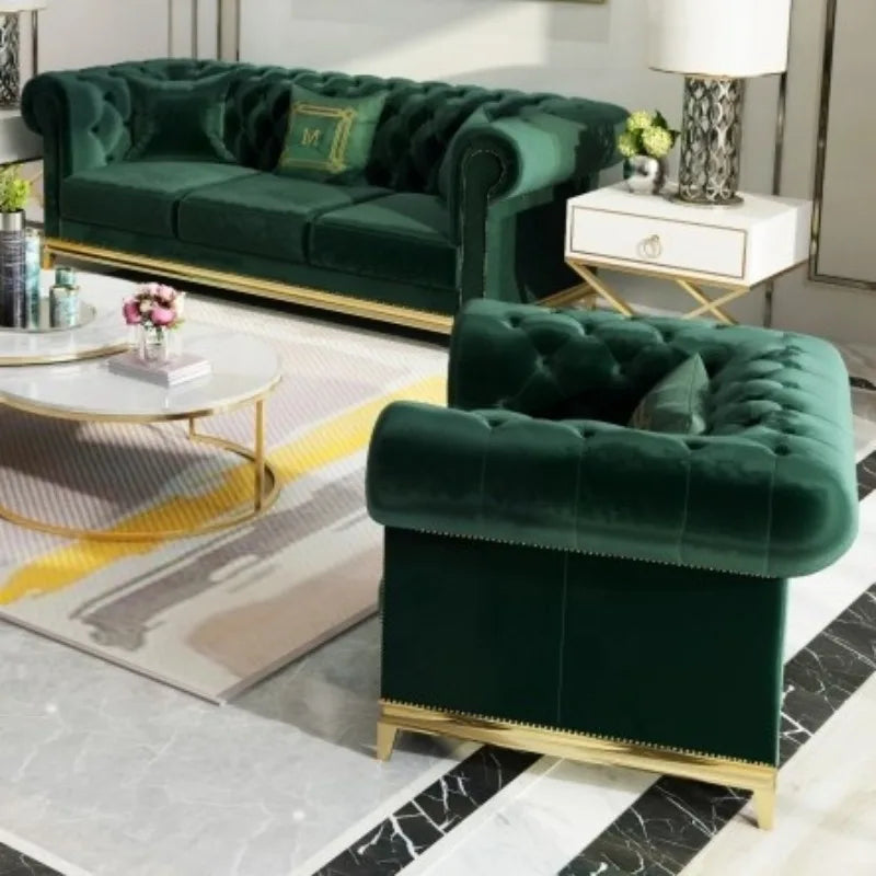 Luxury Green Velvet Sofa Set Living Room Tufted Wood Leg Sponge