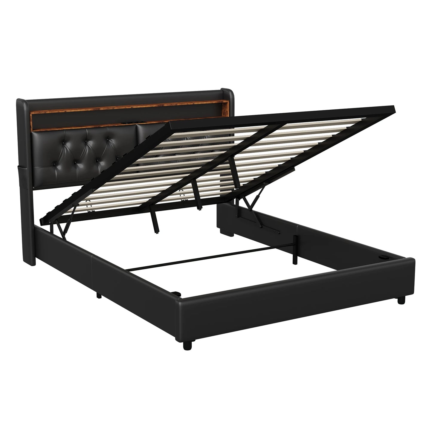 Lazyspace Black PU Upholstered Bed, Hydraulic Storage Bed, European Modern Double Bed Frame with LED Lighting & USB Port