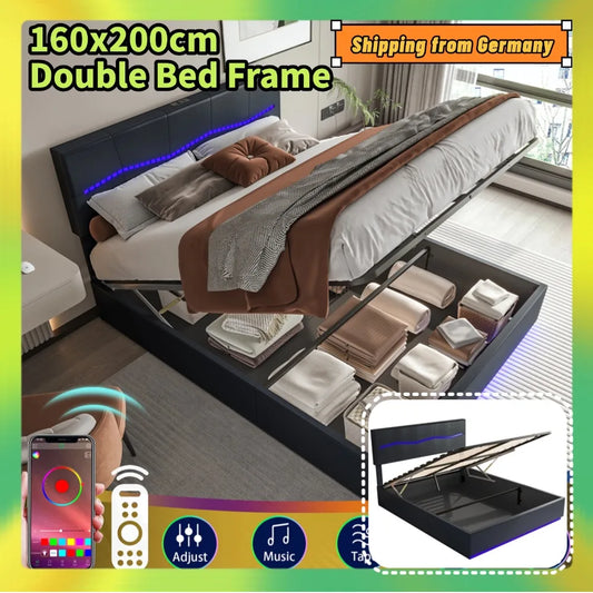Comanlai 160x200cm Upholstered Bed,Double Bed with LED Lights and Charging Port,Hydraulic Storage Bed,PU Leather,Black