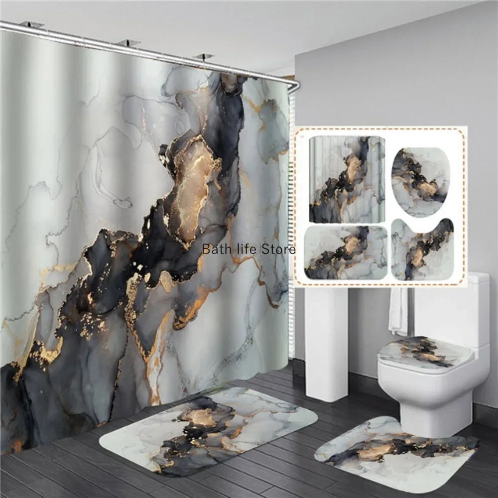 Marble Shower Curtain Sets Modern White Gold Bath Curtains 3D Luxury Toilet Cover Polyester Fabric Bathroom Accessories Sets