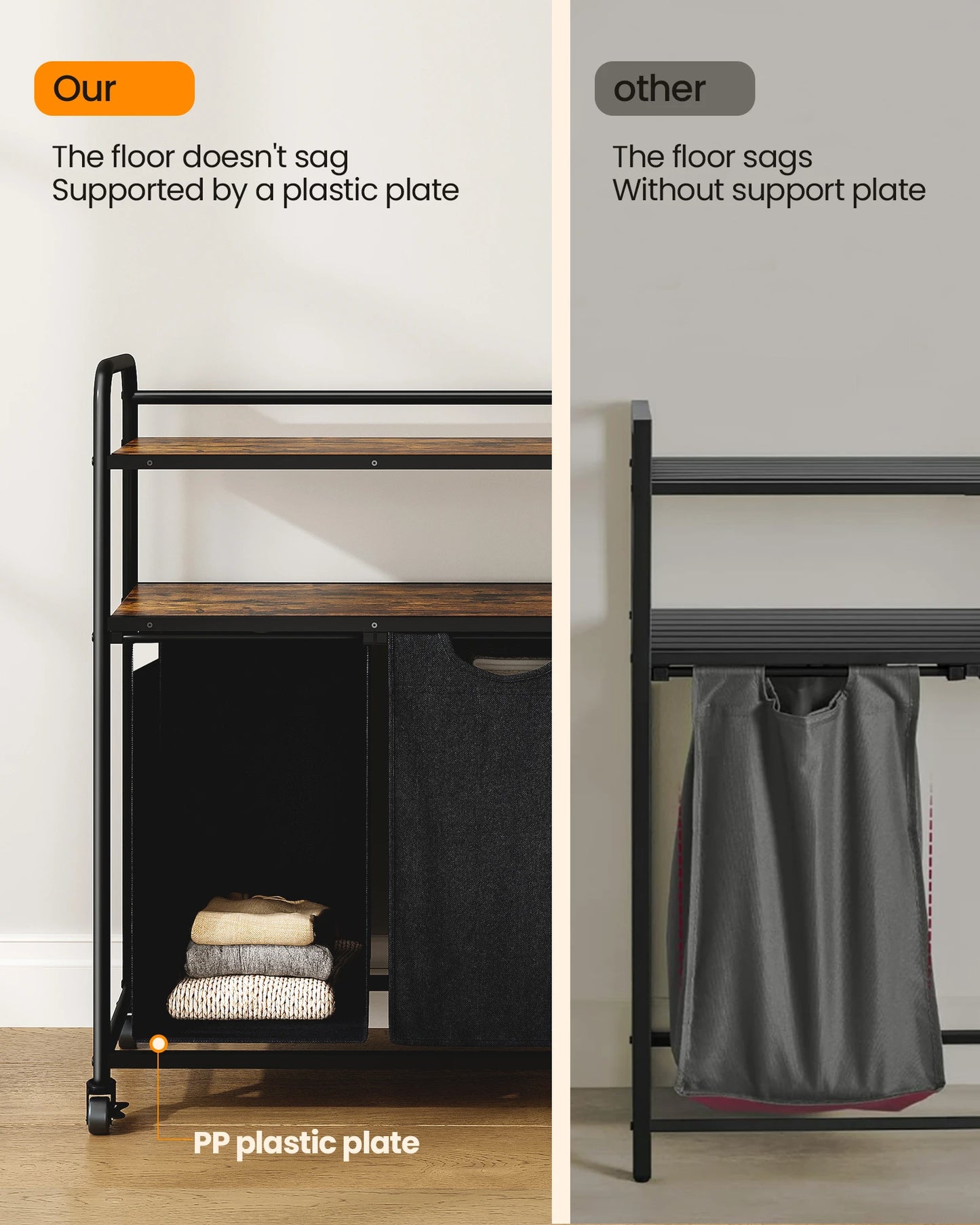 Hzuaneri Laundry basket 3 compartments, 3 x 46L, Laundry collector with 2 shelves, Laundry sorter, Laundry bag extendable