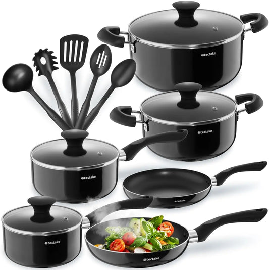 15-piece non-stick cookware set, heavy-duty aluminum pans with glass lids (vent holes), heat-resistant handles – black. (128 cha