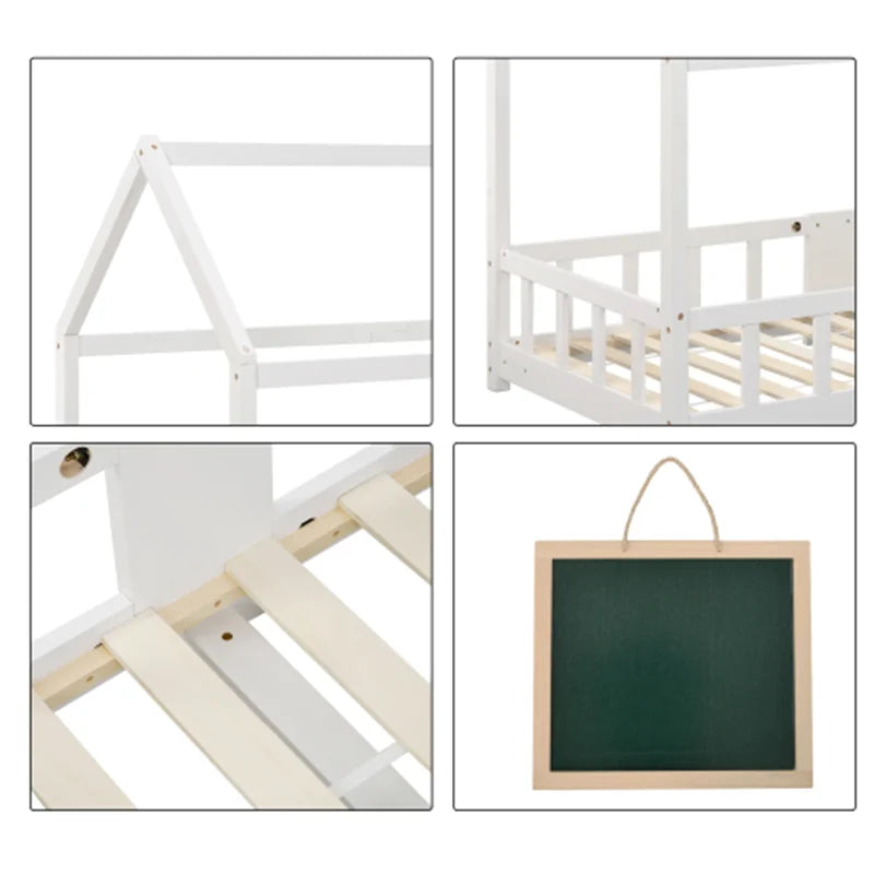 Children bed house bed 90x200 cm Wooden bed for CHILDREN'S room incl. table slatted frames crash protection, Pine White (without Matra