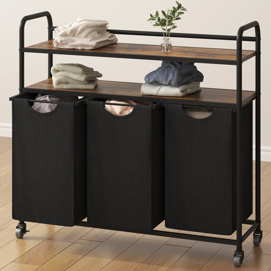 Hzuaneri Laundry basket 3 compartments, 3 x 46L, Laundry collector with 2 shelves, Laundry sorter, Laundry bag extendable