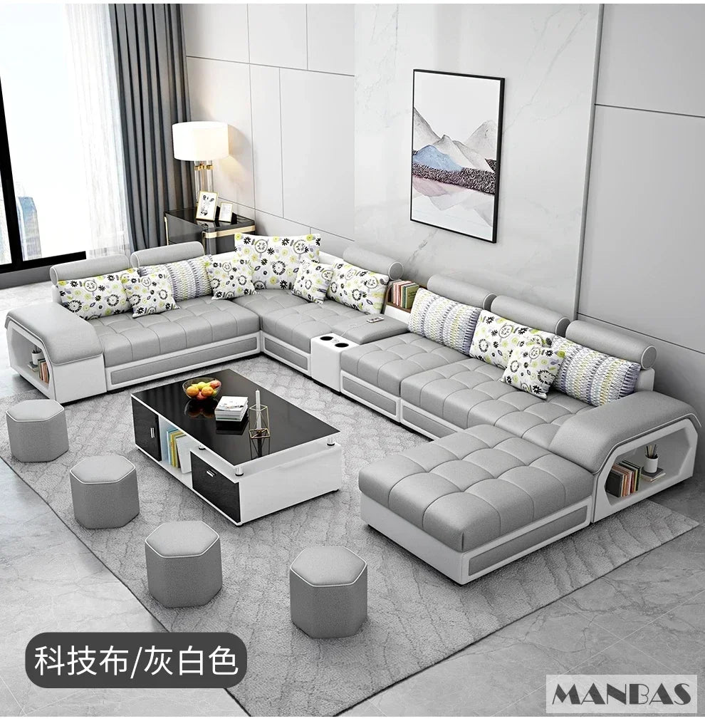 Sofa Set Furniture Living Room Sofa Set with USB and Stools / Big U Shape Cloth Couch Sofas for Home Furniture