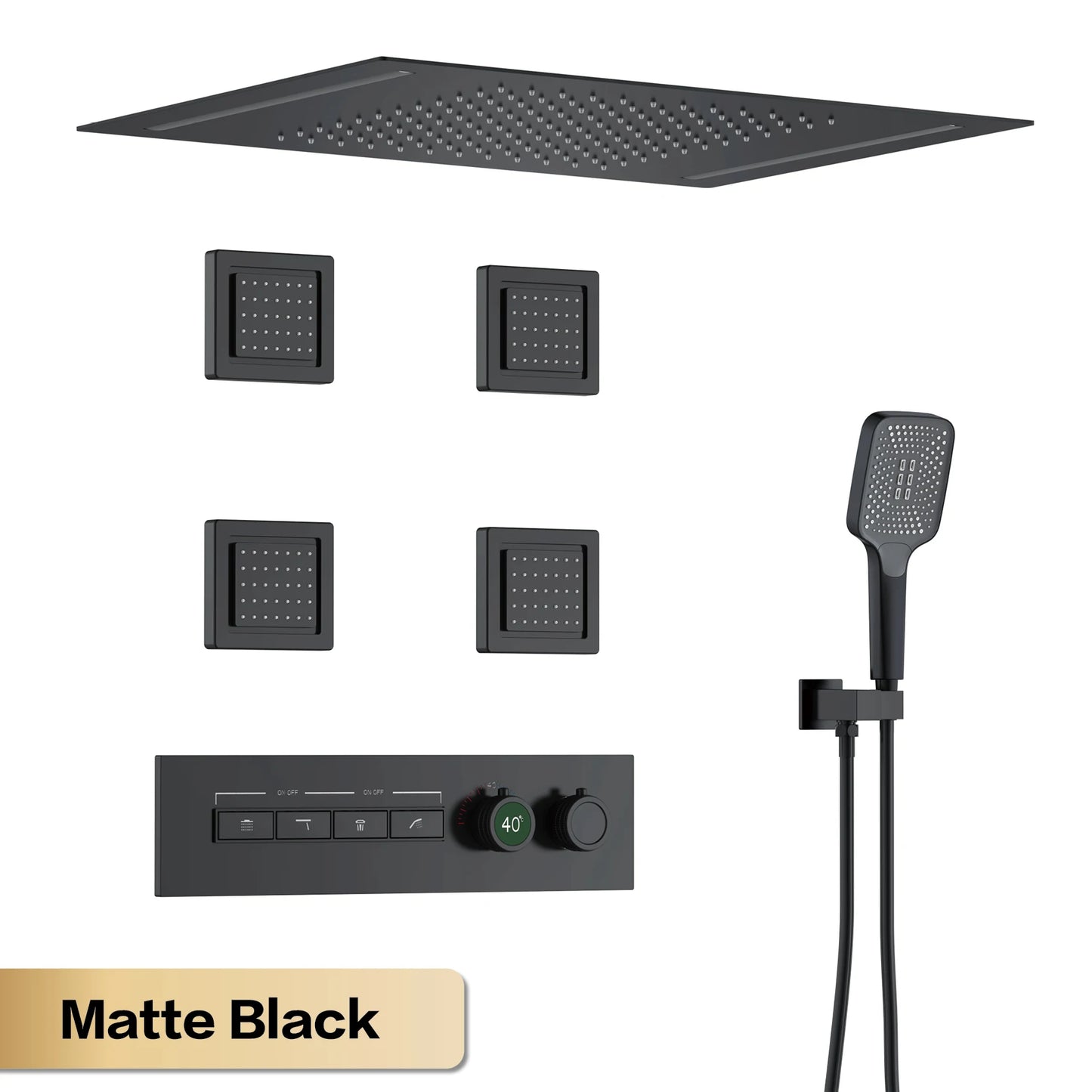 Luxury Gun Grey Brass Thermostatic Shower System Ceiling-Embedded Rainfall&Waterfall Outlet with LED Display Bathroom Mixer Tap