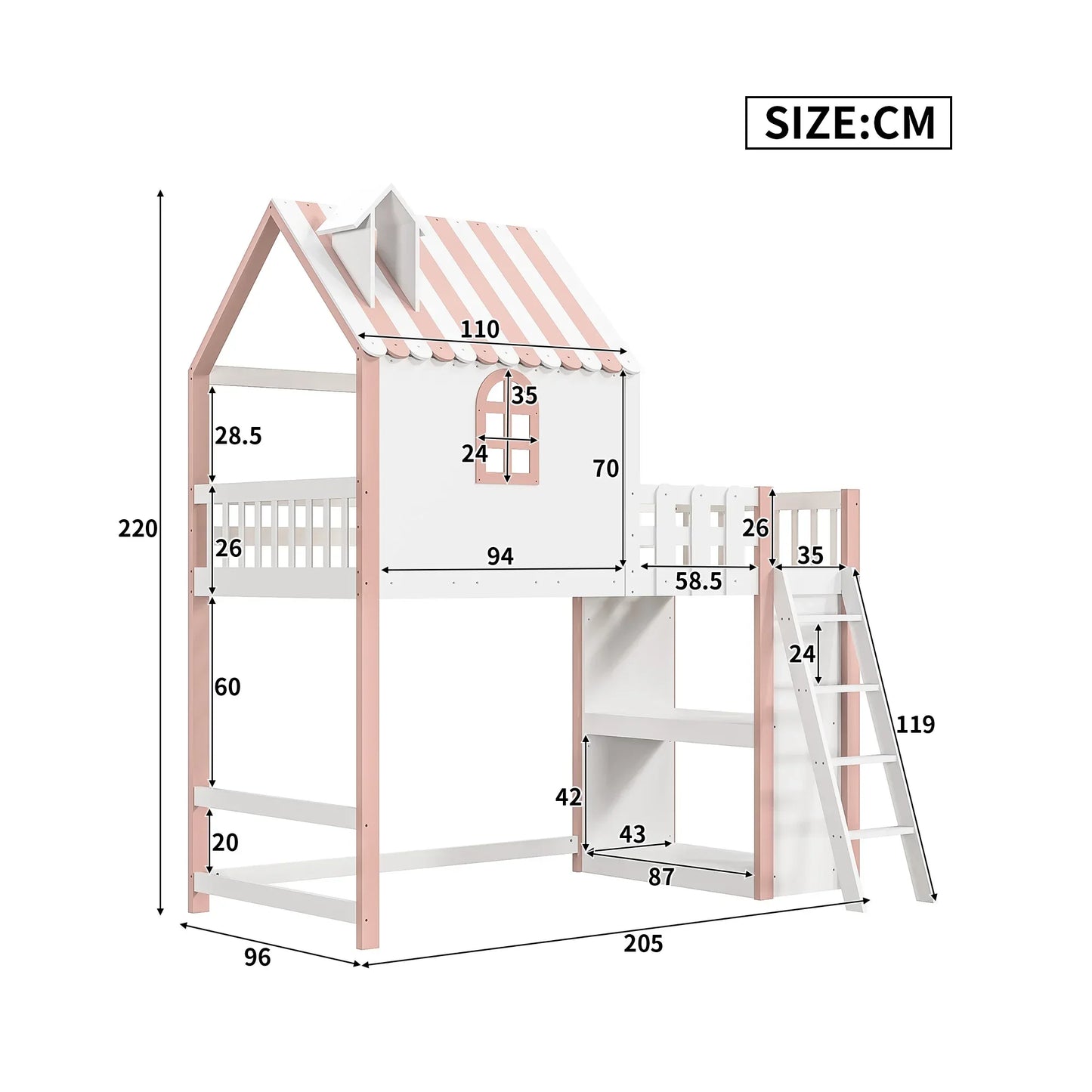 Lazyspace Loft Bed for Children, Children's Bed Frame with with Window and Railing, Wood Bunk Bed Frame with Storage Shelf