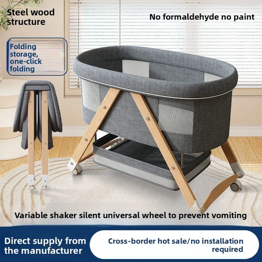 Children's solid wood splicing large bed one-click folding movable newborn cradle bed Children's small bed