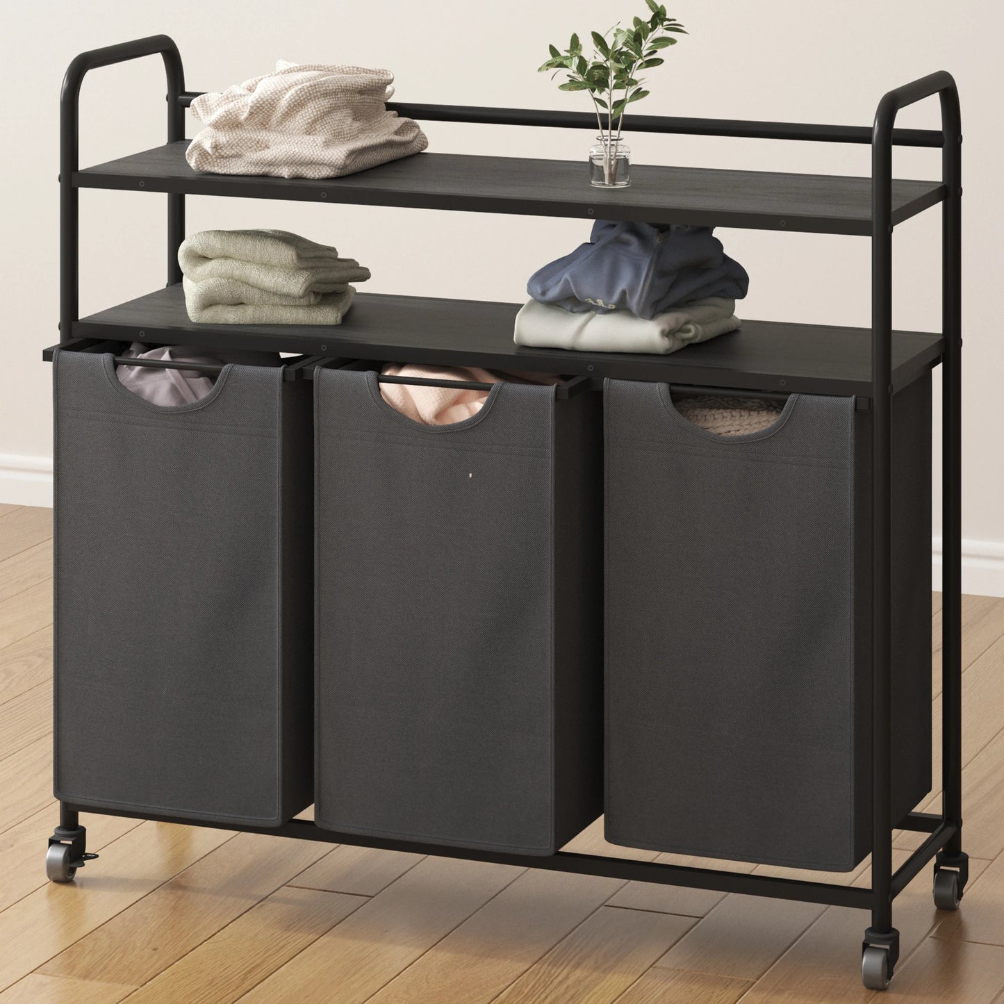 Hzuaneri Laundry basket 3 compartments, 3 x 46L, Laundry collector with 2 shelves, Laundry sorter, Laundry bag extendable