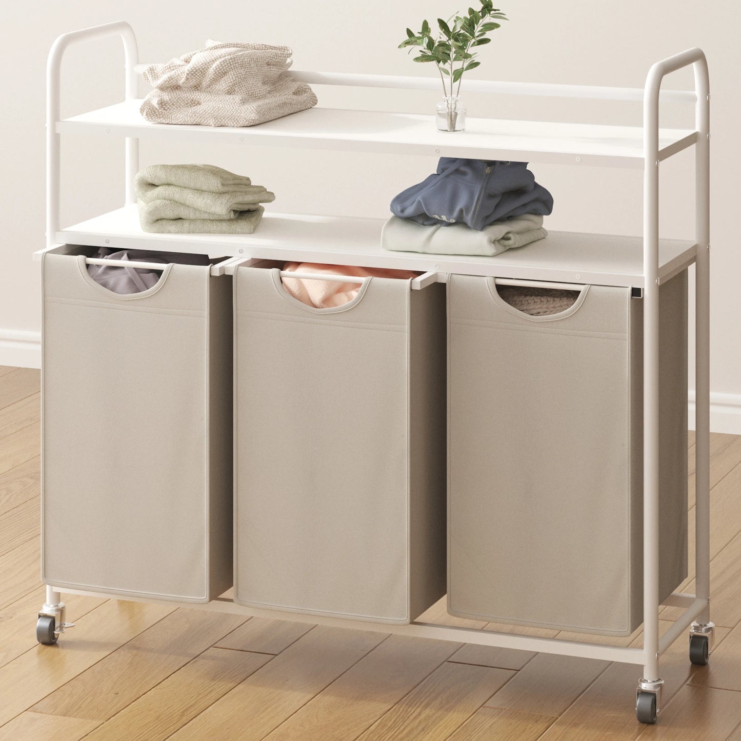 Hzuaneri Laundry basket 3 compartments, 3 x 46L, Laundry collector with 2 shelves, Laundry sorter, Laundry bag extendable