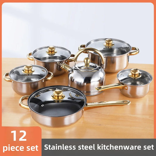 Thickened stainless steel pot set, soup pot, milk pot, frying pan with water kettle, 12 piece set of cookware combination gift
Kochtöpfe,Topf Set