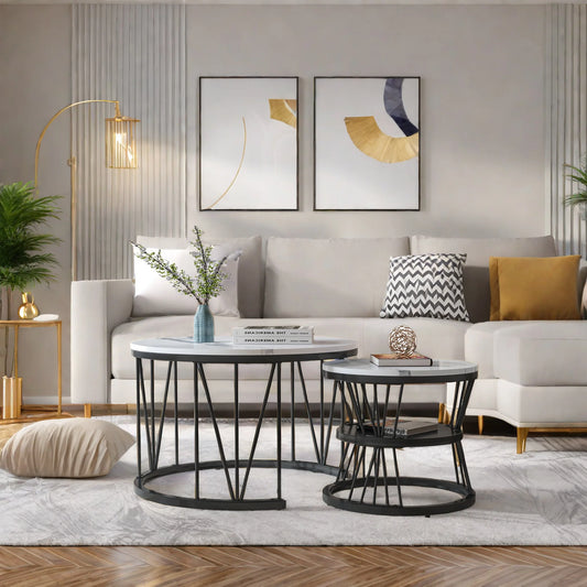 Coffee Table, Round coffee Table Set of 2, Marble Look Coffee Table with Metal Leg Frame, Sofa-side Table, Embedded Coffee Table