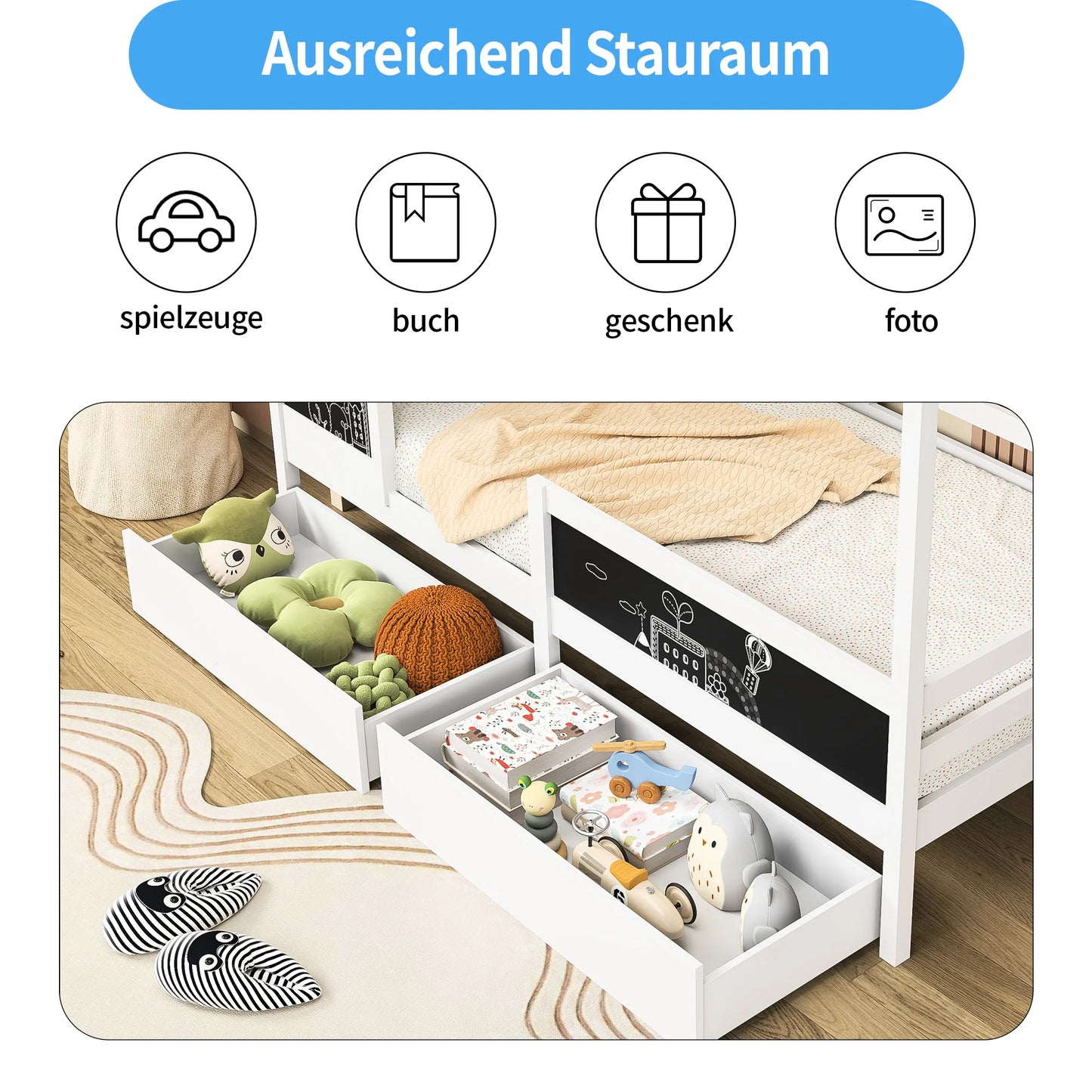 Lazyspace Bunk Bed for Two Children,90 x200cm Children's Bed with Fall-out Protection,Drawers and Blackboard,Without Mattress