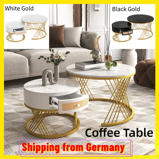 Comanlai 2-in-1 Round MDF Coffee Table,Side Table with Drawers,Wood Handles and Golden Iron Feet 70x70x45.5cm+ 50x50x38.5cm